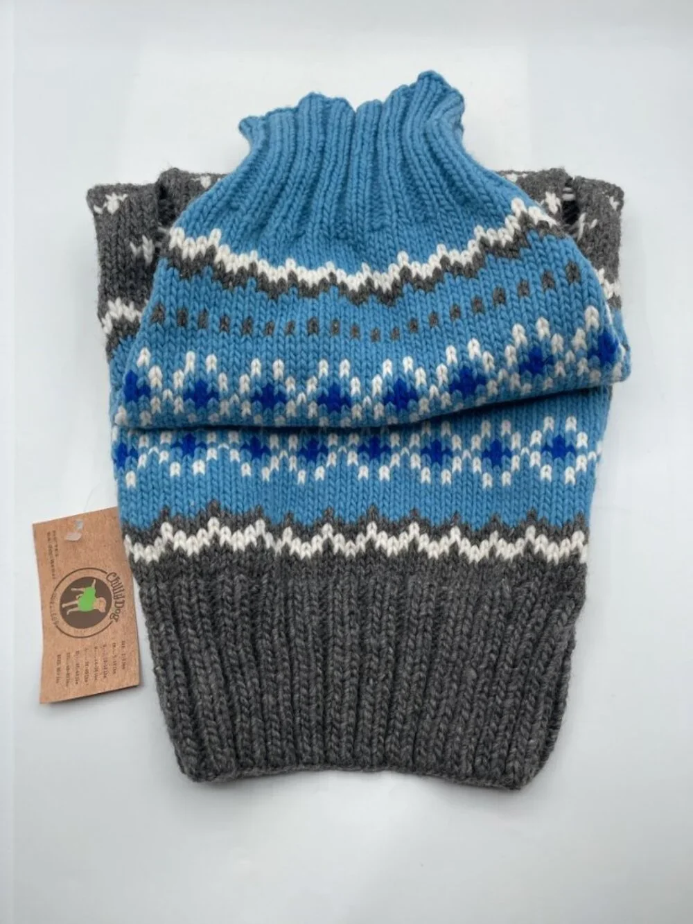 NWT Chilly Dog Light Blue Fair Isle Hand Knit Wool Dog Sweater
